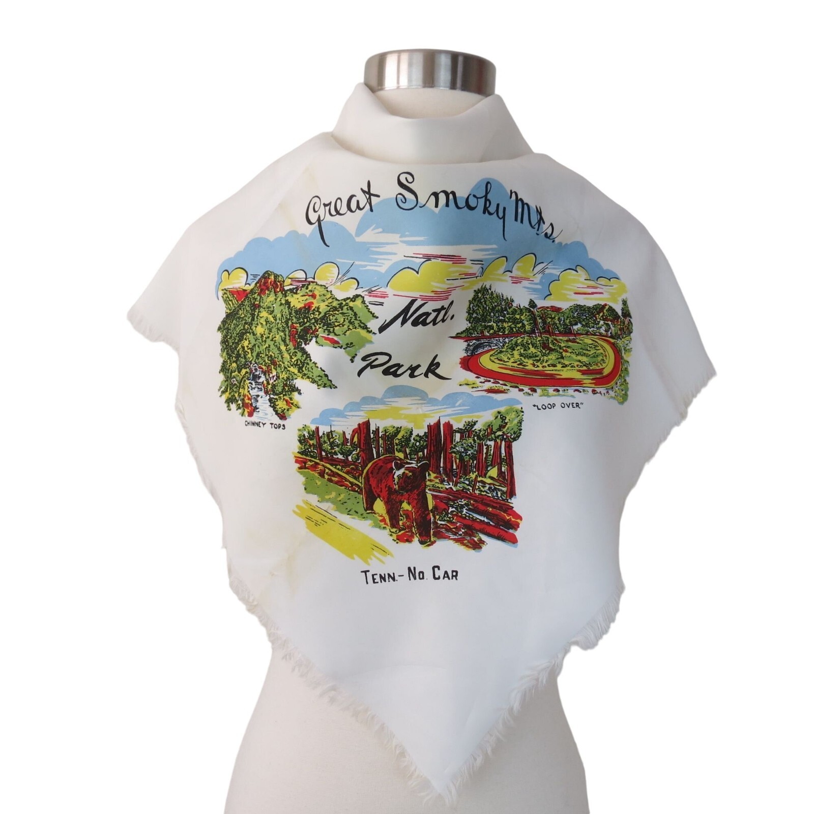 VINTAGE Great Smoky Mountains National Park Souvenir Scarf White Square Fabric