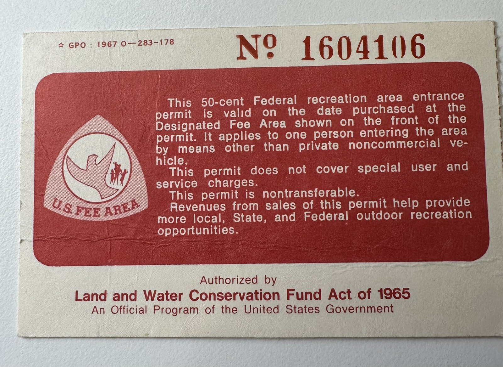 Vintage Entrance Ticket 1967 Federal Recreation Area One Day Permit