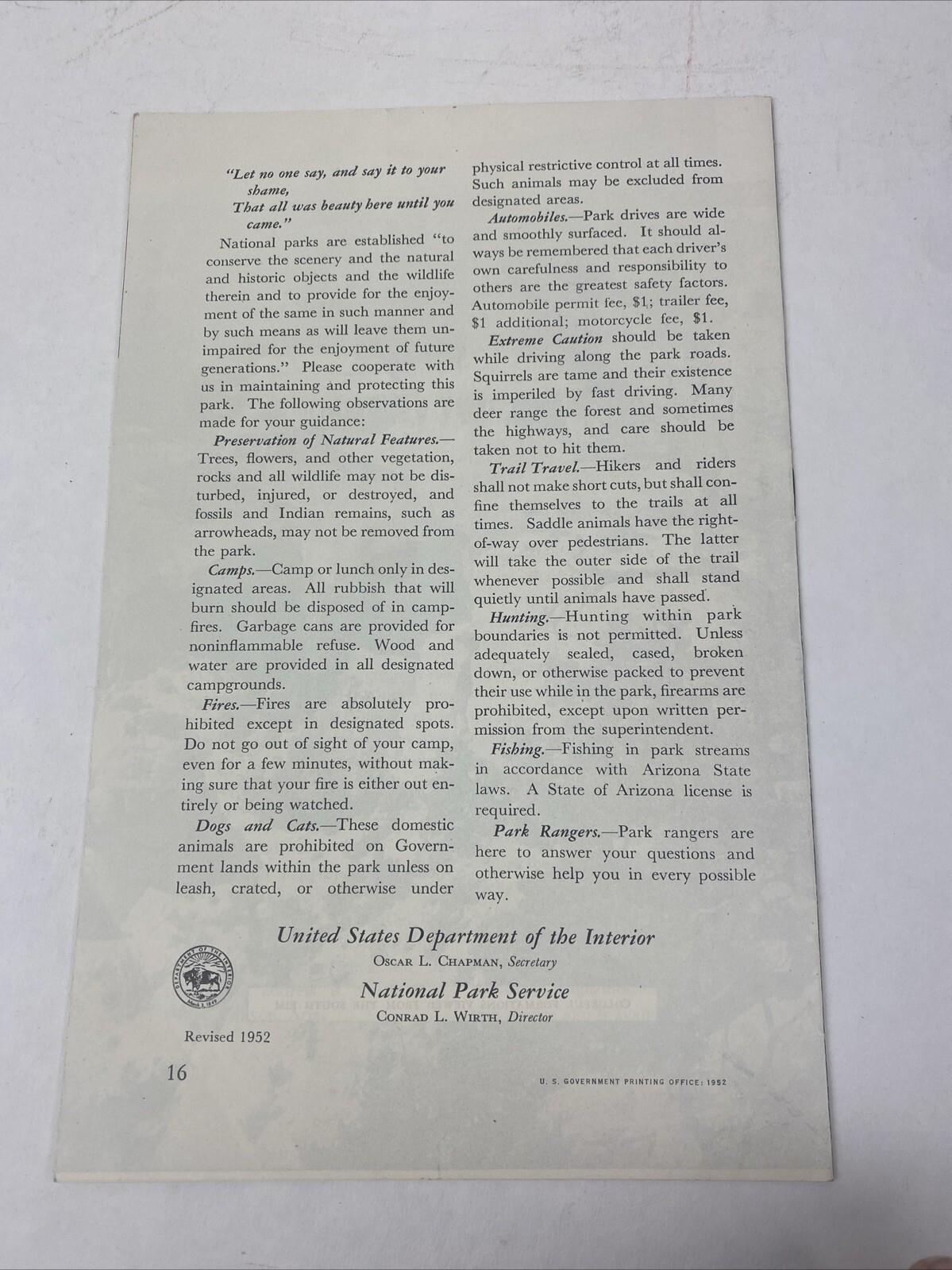 1952 Vintage Grand Canyon National Park Arizona Booklet Visitor’s Guide