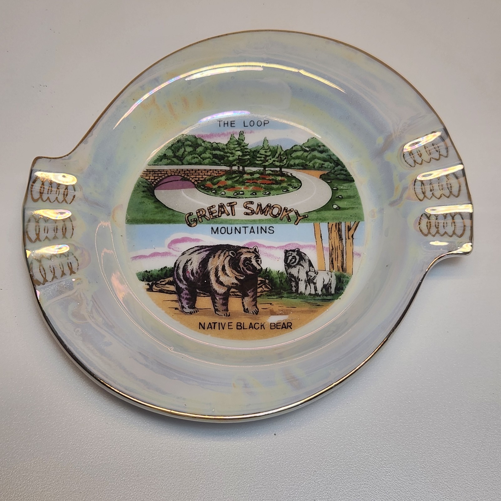Vintage Great Smoky Mountains Souvenir Ashtray With Gold Trim