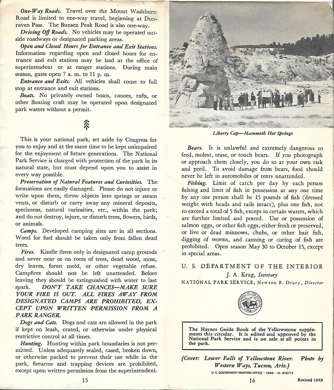 Official 1949 Road Map Brochure YELLOWSTONE NATIONAL PARK Trails Auto Camps