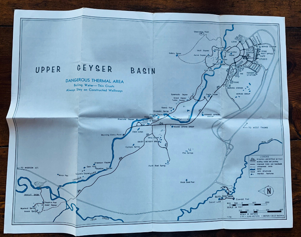 1974 YELLOWSTONE NATIONAL PARK Map ~ GUIDE TO THE UPPER GEYSER BASIN