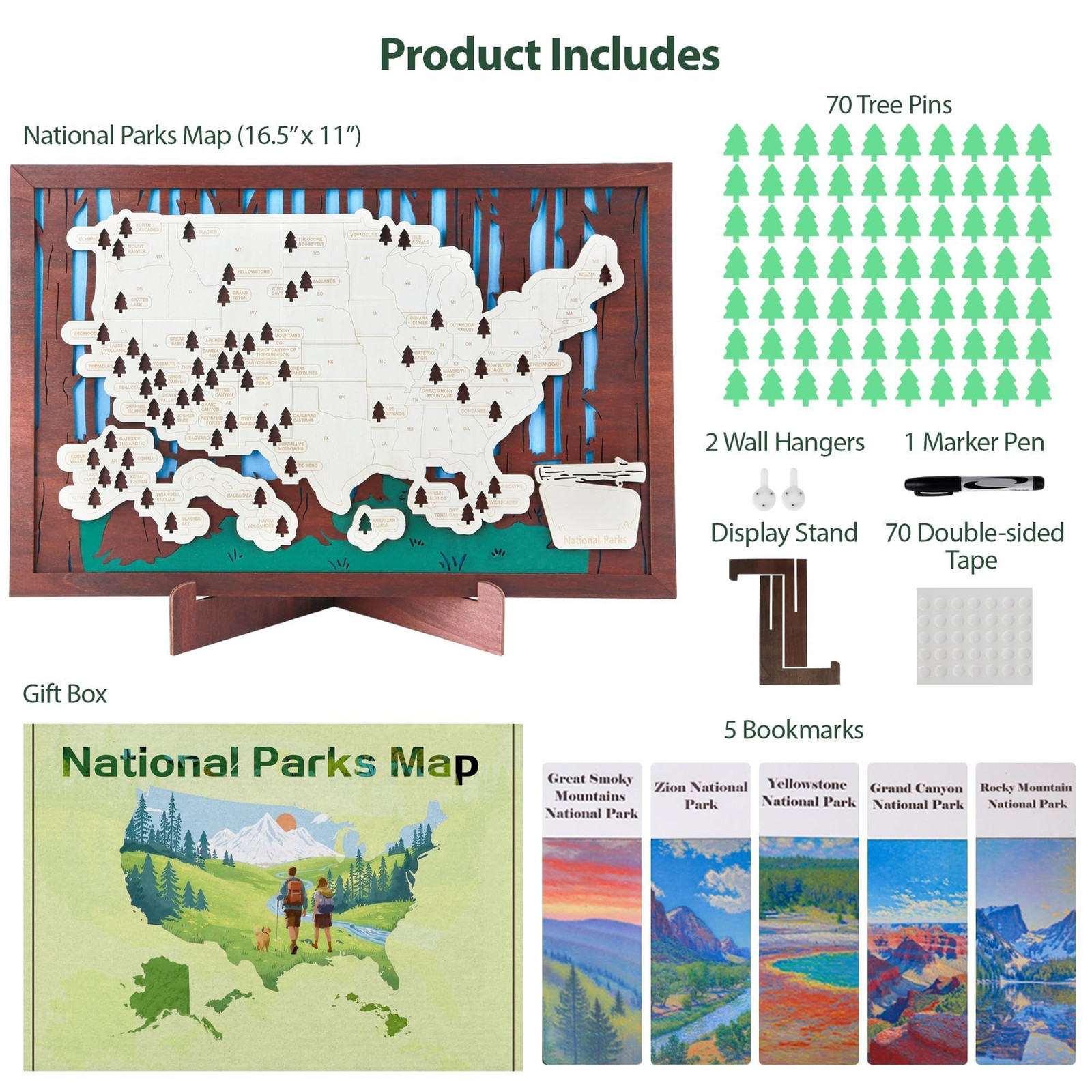 Wooden US National Parks Map Travel Tracker – 3-Layer 16.5 x 11″, Brown
