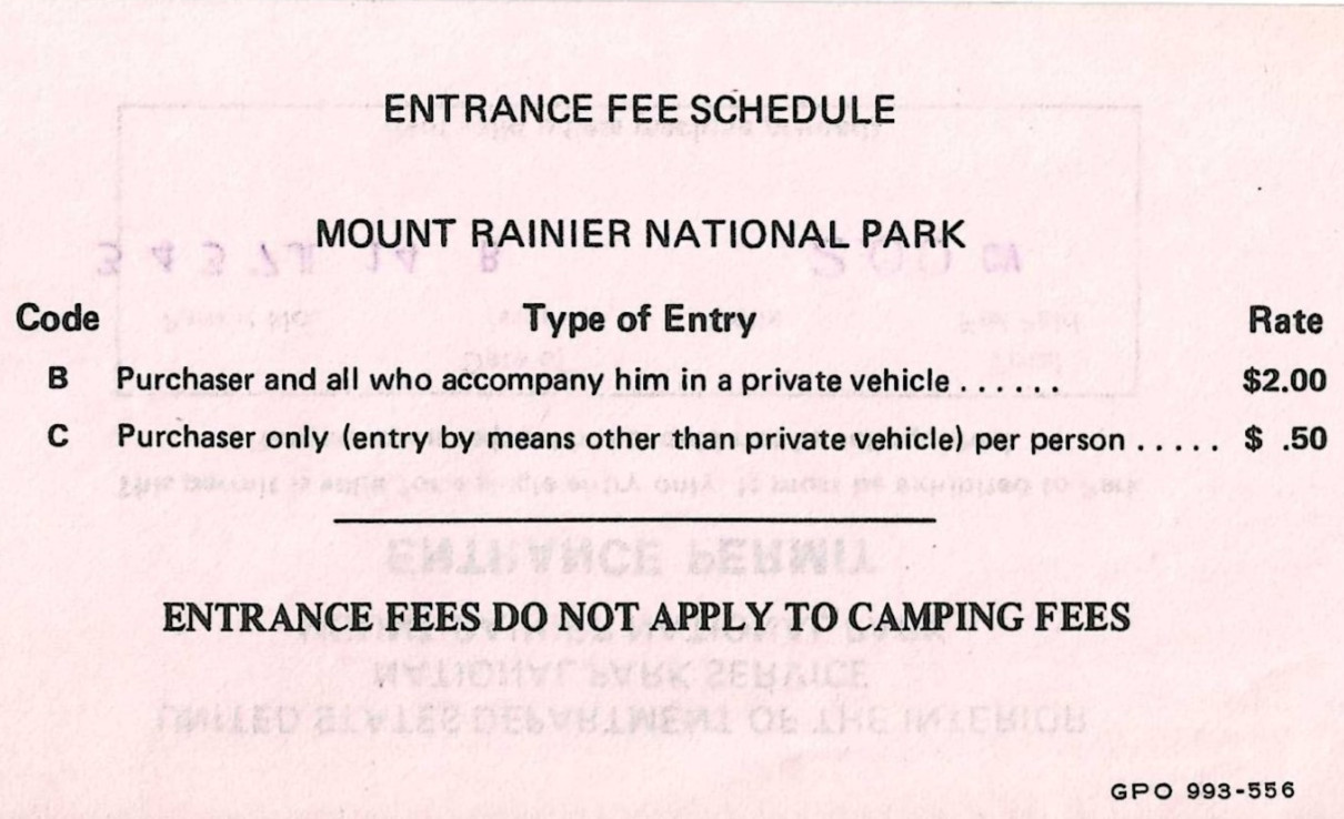 1978 Mount Ranier Entrance Permit National Park US Department of the Interior