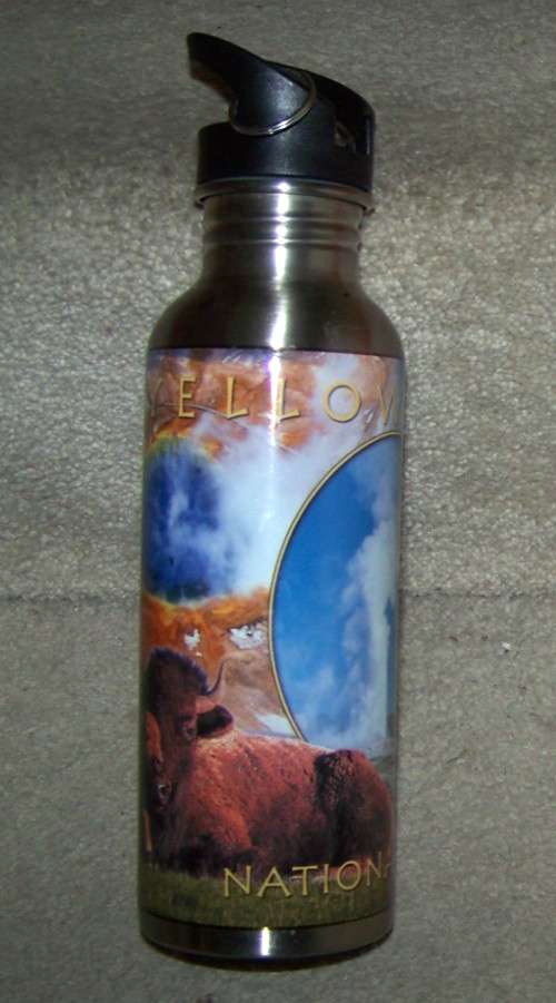 Yellowstone National Park aluminum metal travel bottle Old Faithful bears buffs