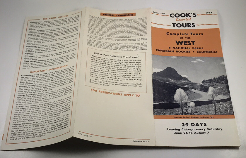Vintage 1954 Complete Tours of West 6 National Parks Cook’s Tours Foldout