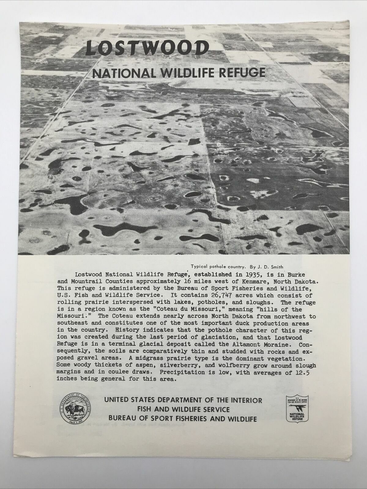 1961 LOSTWOOD NATIONAL WILDLIFE REFUGE Kenmare, North Dakota Travel Brochure Map