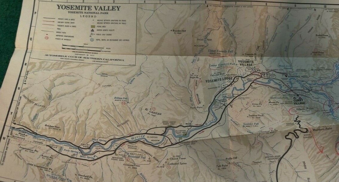 1977 GUIDE TO YOSEMITE NATIONAL PARK & VALLEY Fold-Out Map AAA Southern CA