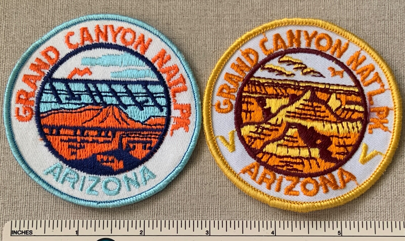 2 Vintage 1970s GRAND CANYON NATIONAL PARK Travel Souvenir PATCHES Arizona Badge
