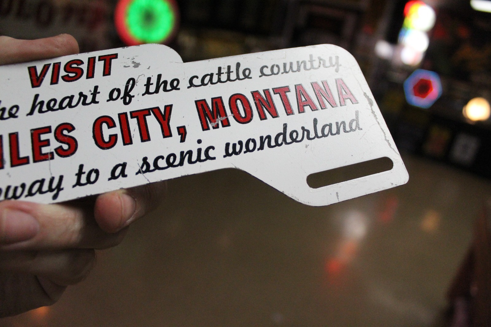 RARE 1950s MILES CITY MONTANA STAMPED PAINTED METAL TOPPER SIGN COWBOY HORSE