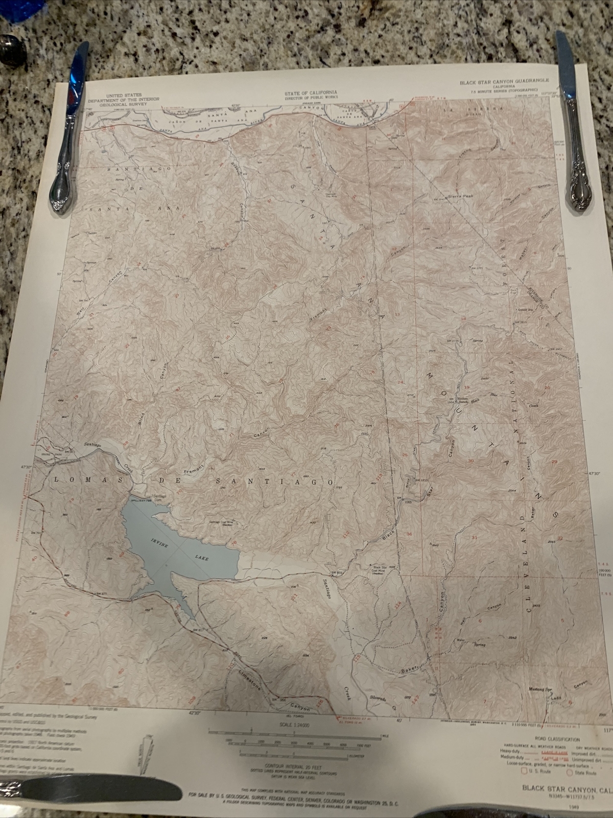 VTG 1949 Topographic Map Santa Ana Mtn & Irvine Lake, CA 22” x 27″. #C