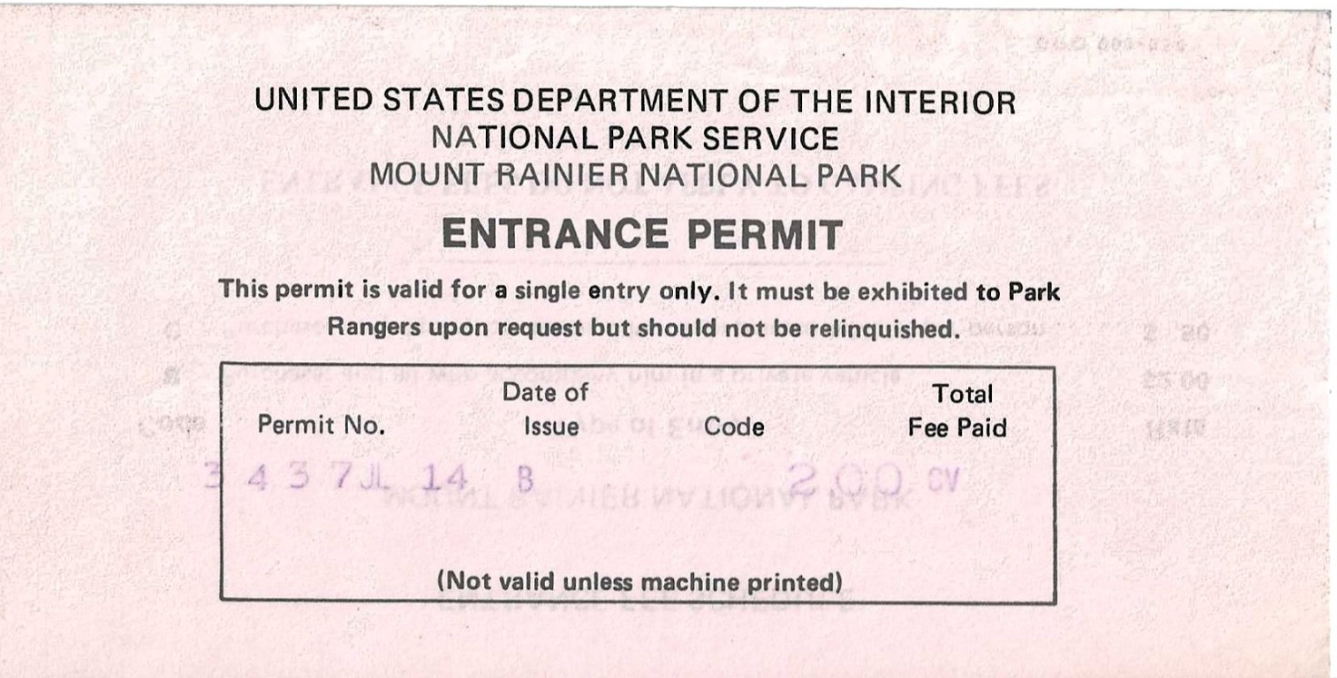 1978 Mount Ranier Entrance Permit National Park US Department of the Interior