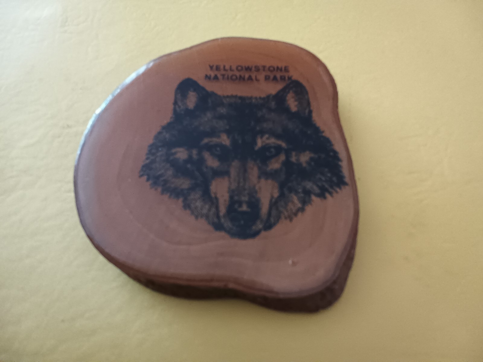 Vintage Yellowstone National Park Wolf on Wood Slice Refrigerator Magnet