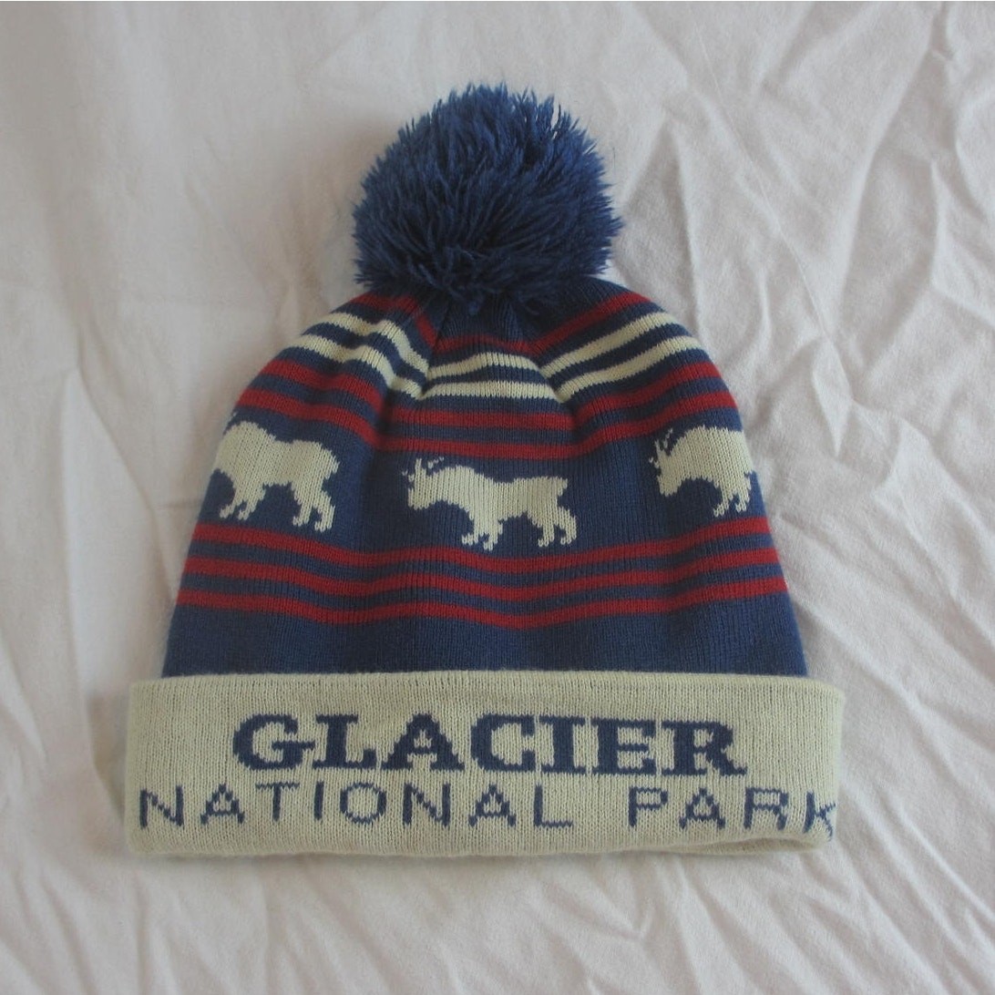Locale Glacier National Park Beanie/Winter Hat Red/Cream/Blue Fair Isle Cuff/Pom