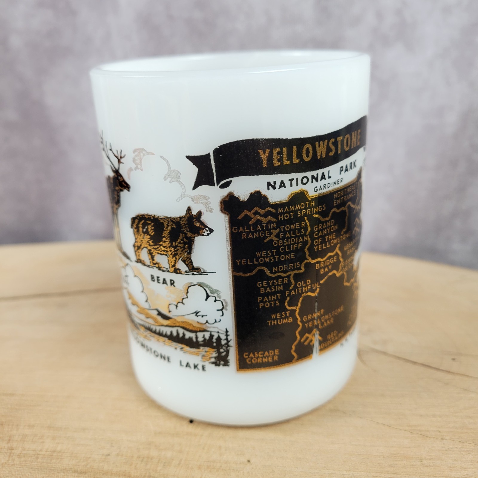 Vintage Yellowstone National Park Mug Federal Milk Glass Cup White Gold Black