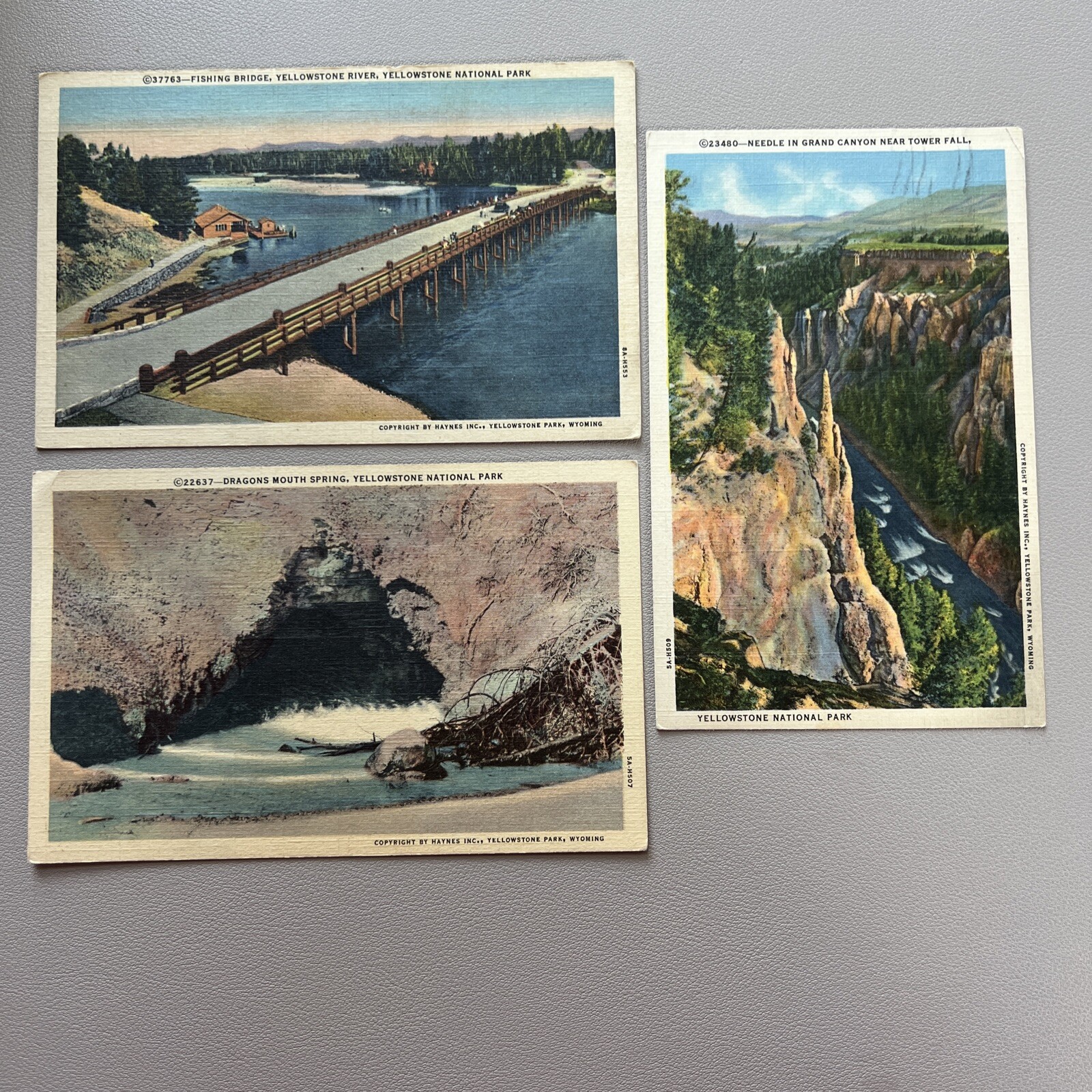 3 Vintage 1940’s Haynes Yellowstone National Park Postcards cancelled/posted