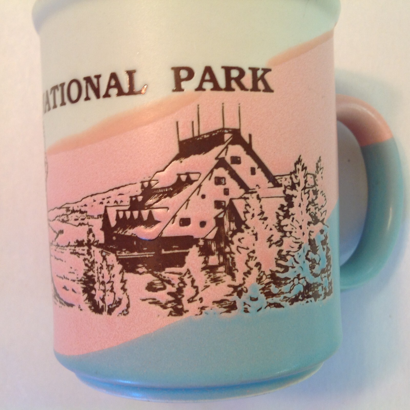 Vintage Souvenir Coffee Mug Yellowstone National Park Pink Blue Cream Buffalo US