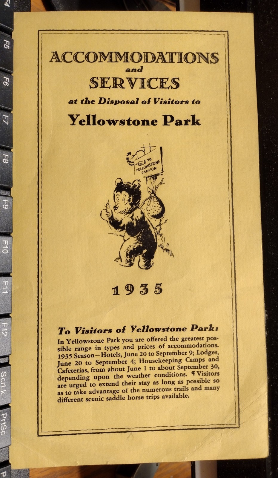 US 1935 YELLOWSTONE PARK ACCOMMODATIONS AND SERVICES with Map Wyoming