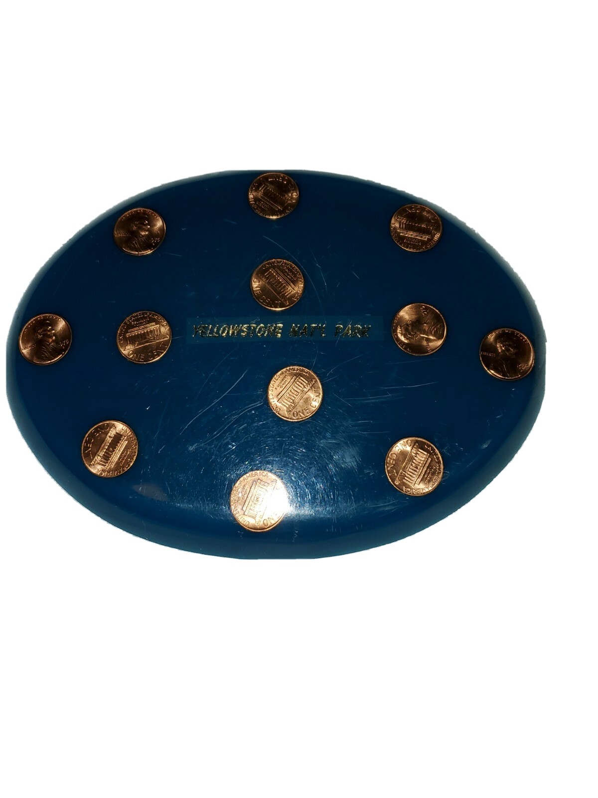 Vintage ’75 Cent Coins in Lucite Trivet Yellowstone Nat.Park Souvenir 7.25×5.5″