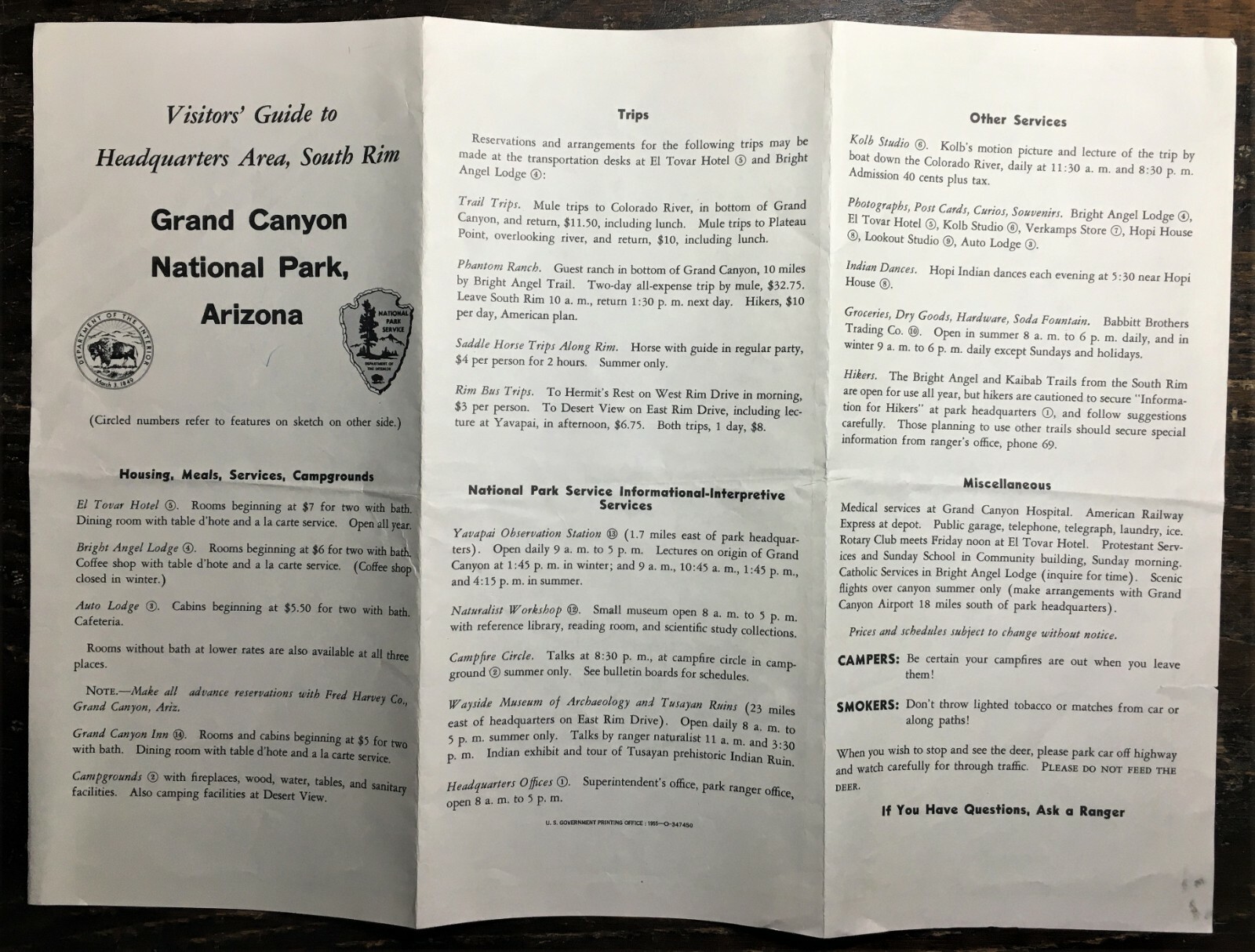 1955 Grand Canyon National Park Visitors Guide with Map