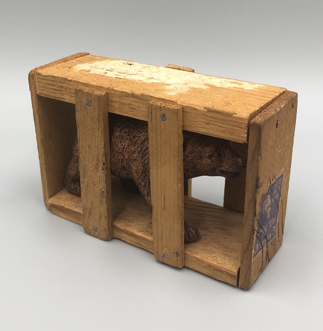 Good Luck Bear in Wood Crate Souvenir Yellowstone Park w/ Thomas Jefferson Stamp