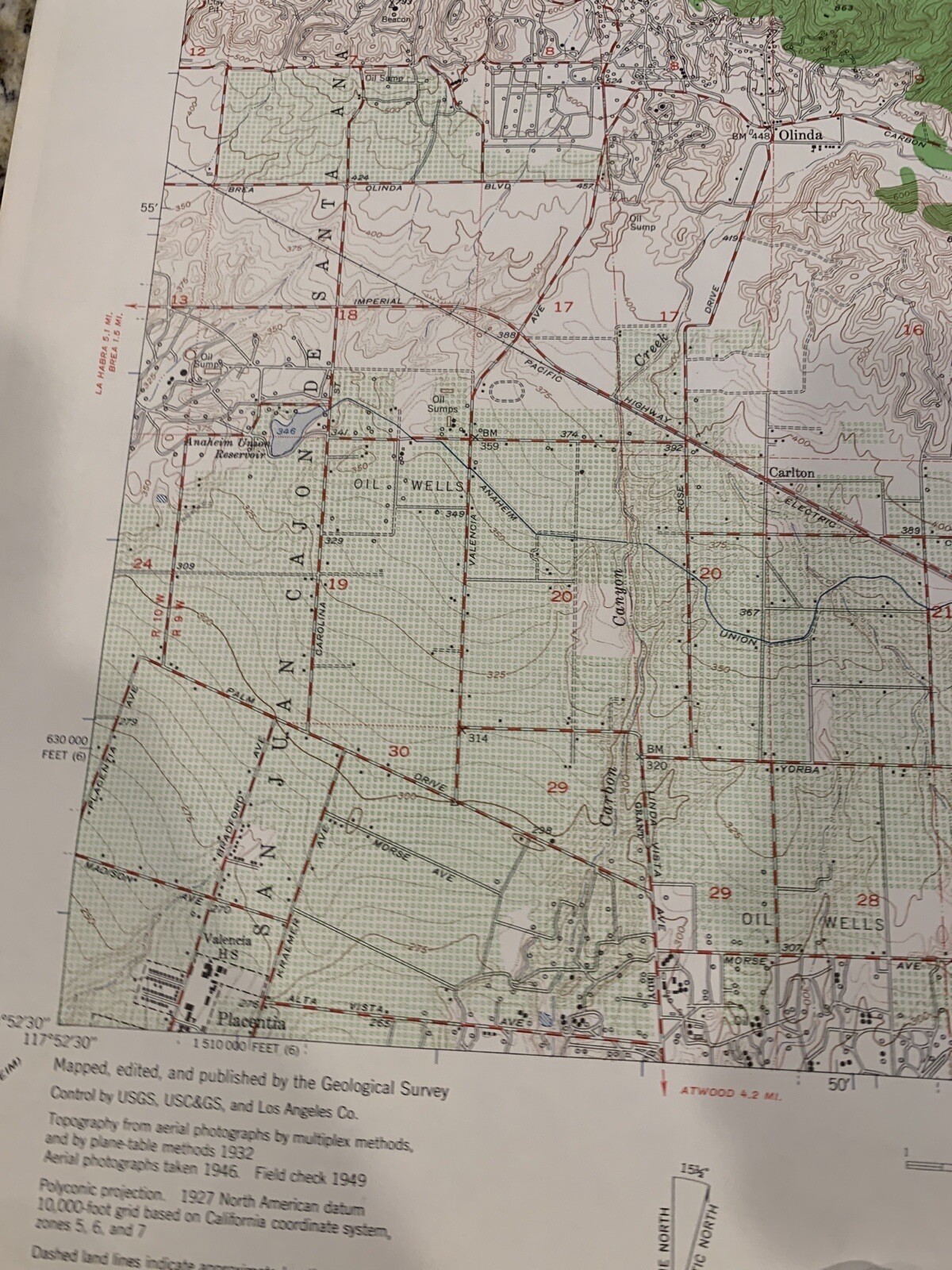 VTG 1949 Topographic Map Yorba Linda CA 22