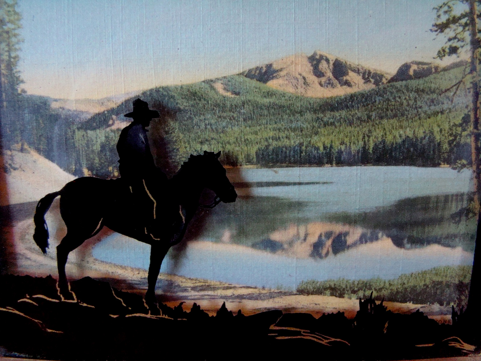 Vintage – 1940s – Yellowstone National Park – Cowboy Silhouette – Wyoming – L@@K