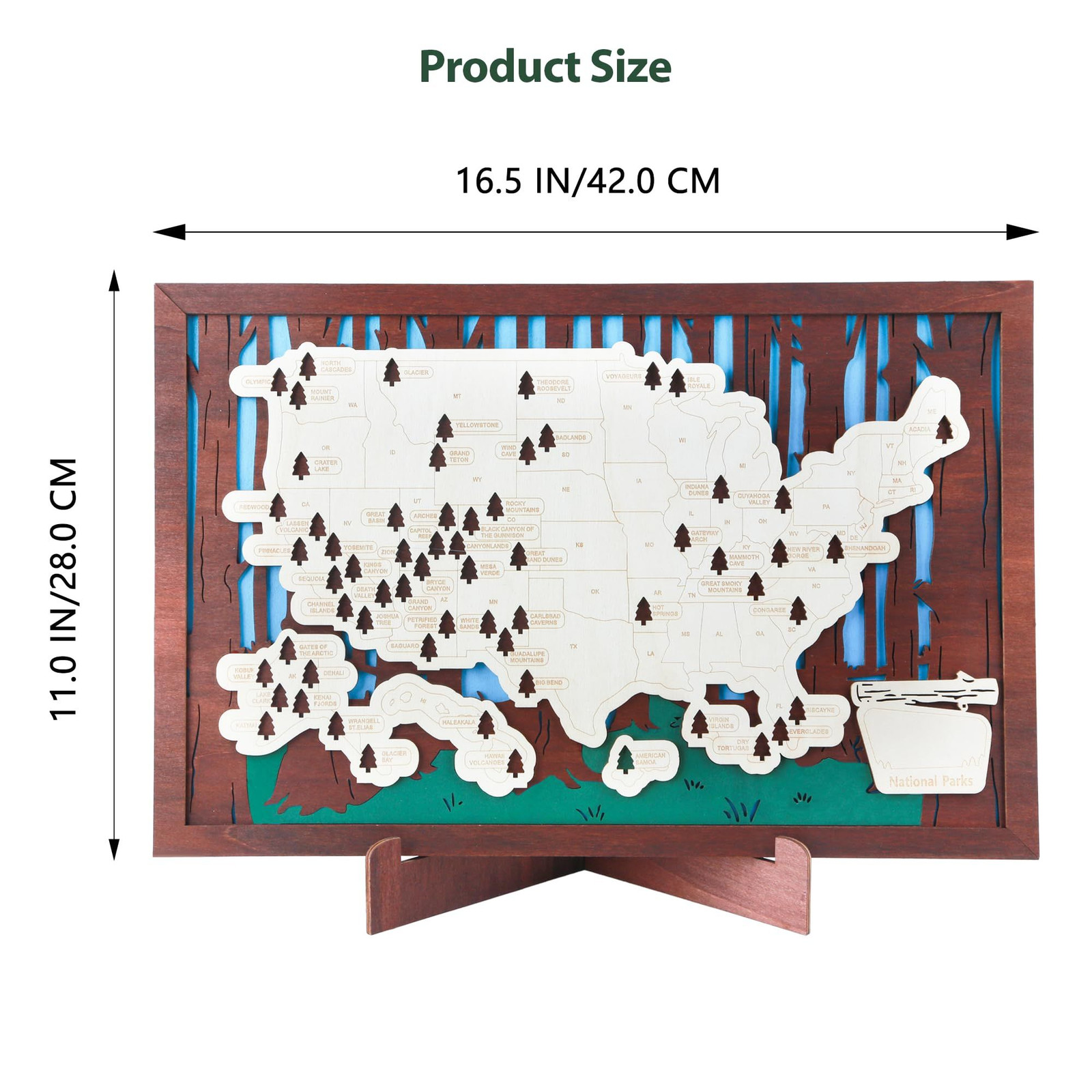 Wooden US National Parks Map Travel Tracker – 3-Layer 16.5 x 11″, Brown