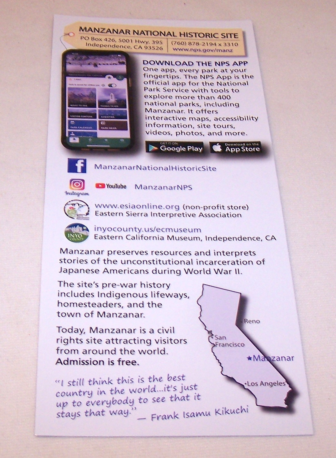 “Manzanar” National Park Service Unigrid Rack Card