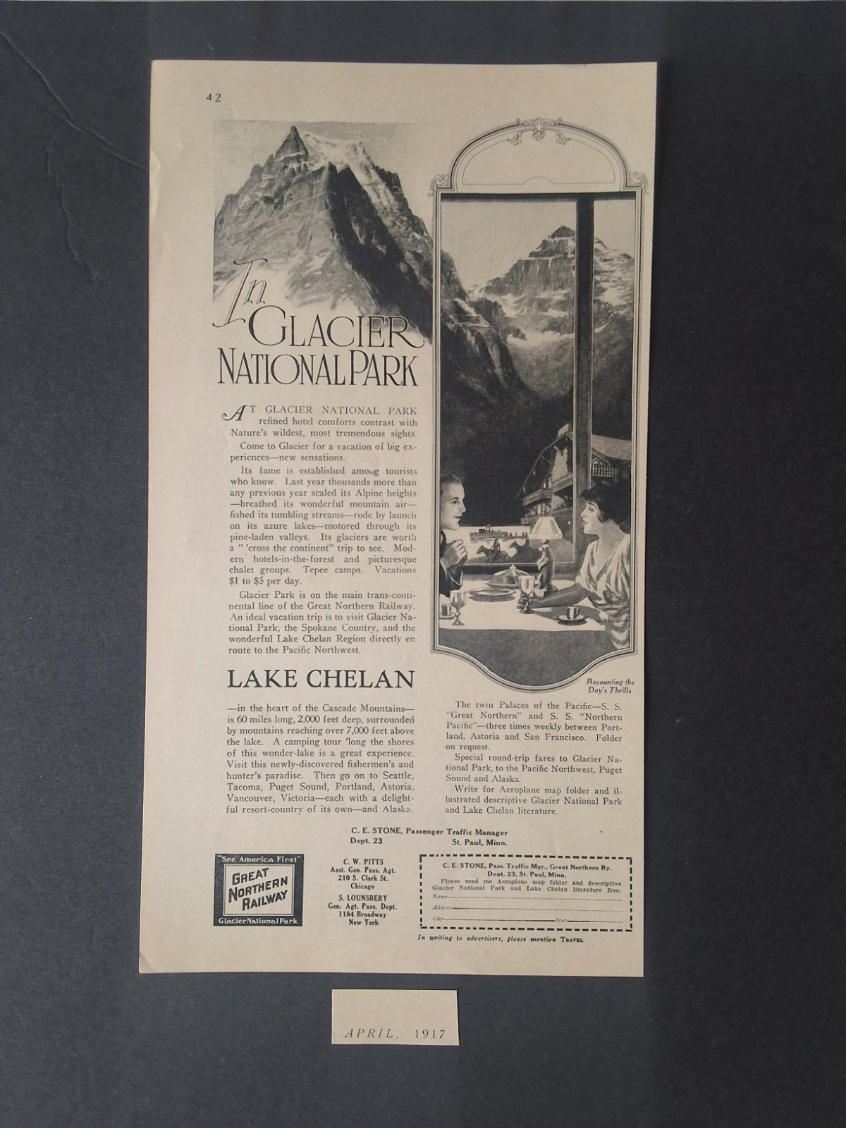 Antique Glacier National Park Travel – Great Northern Railway – 1917 Art AD
