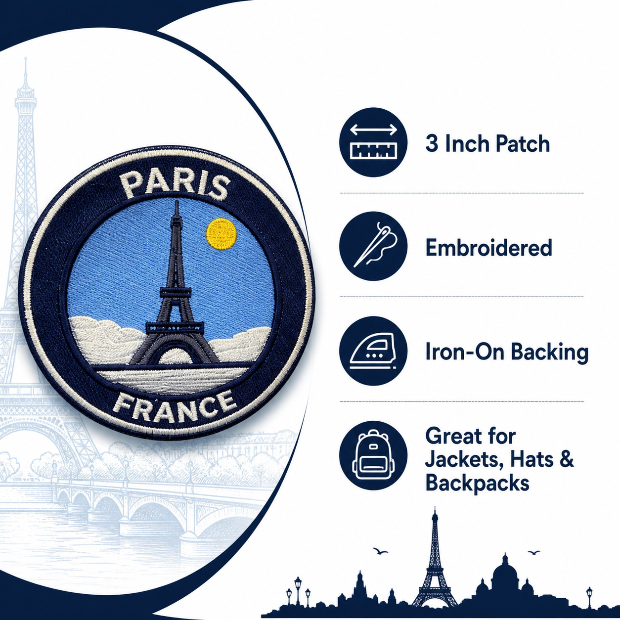 Paris France Eiffel Tower Embroidered Patch 3 Inch Iron On Travel Souvenir Badge