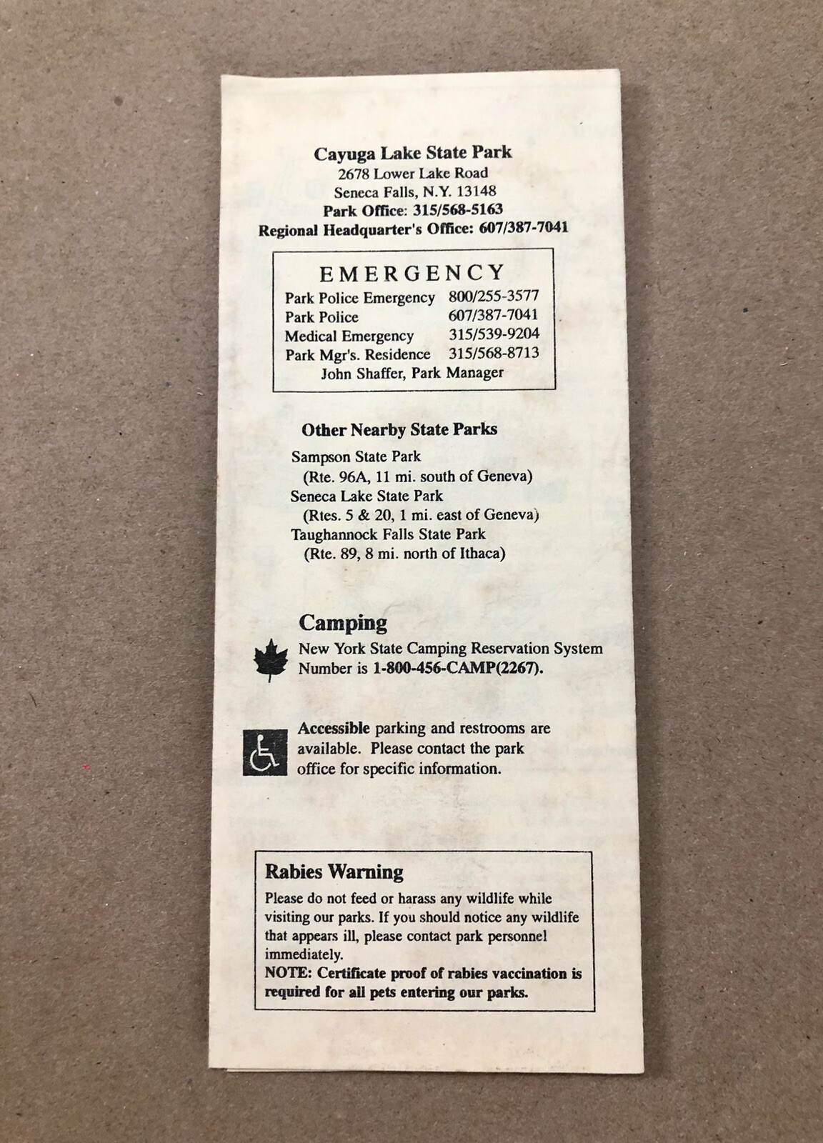 Cayuga Lake State Park, Vintage Map & Brochure, New York Parks & Rec Dept, VG