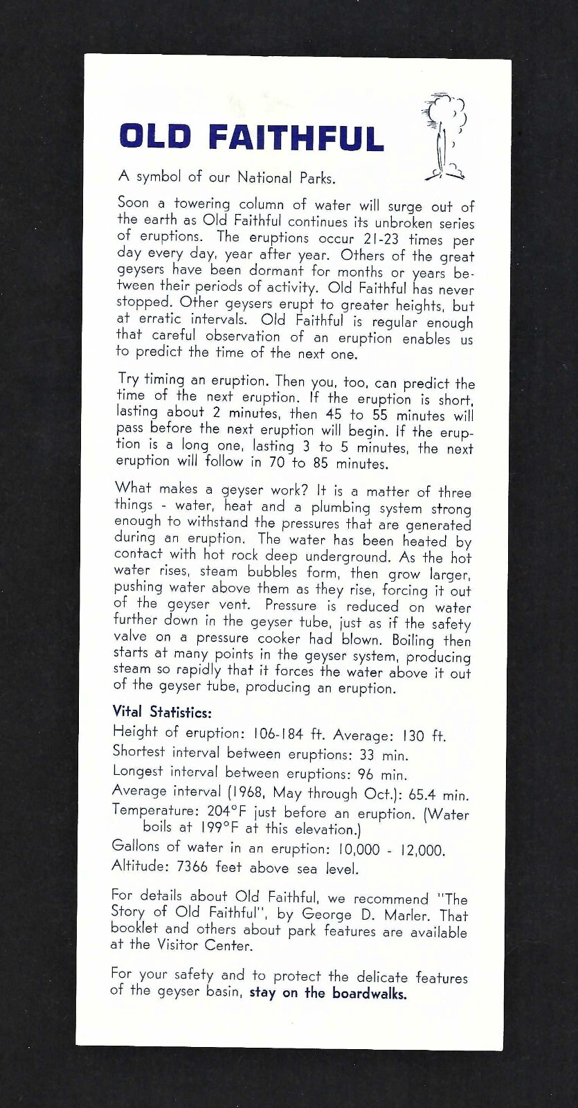 1968 Yellow Stone National Park One Page Fact Sheet on Old Faithful