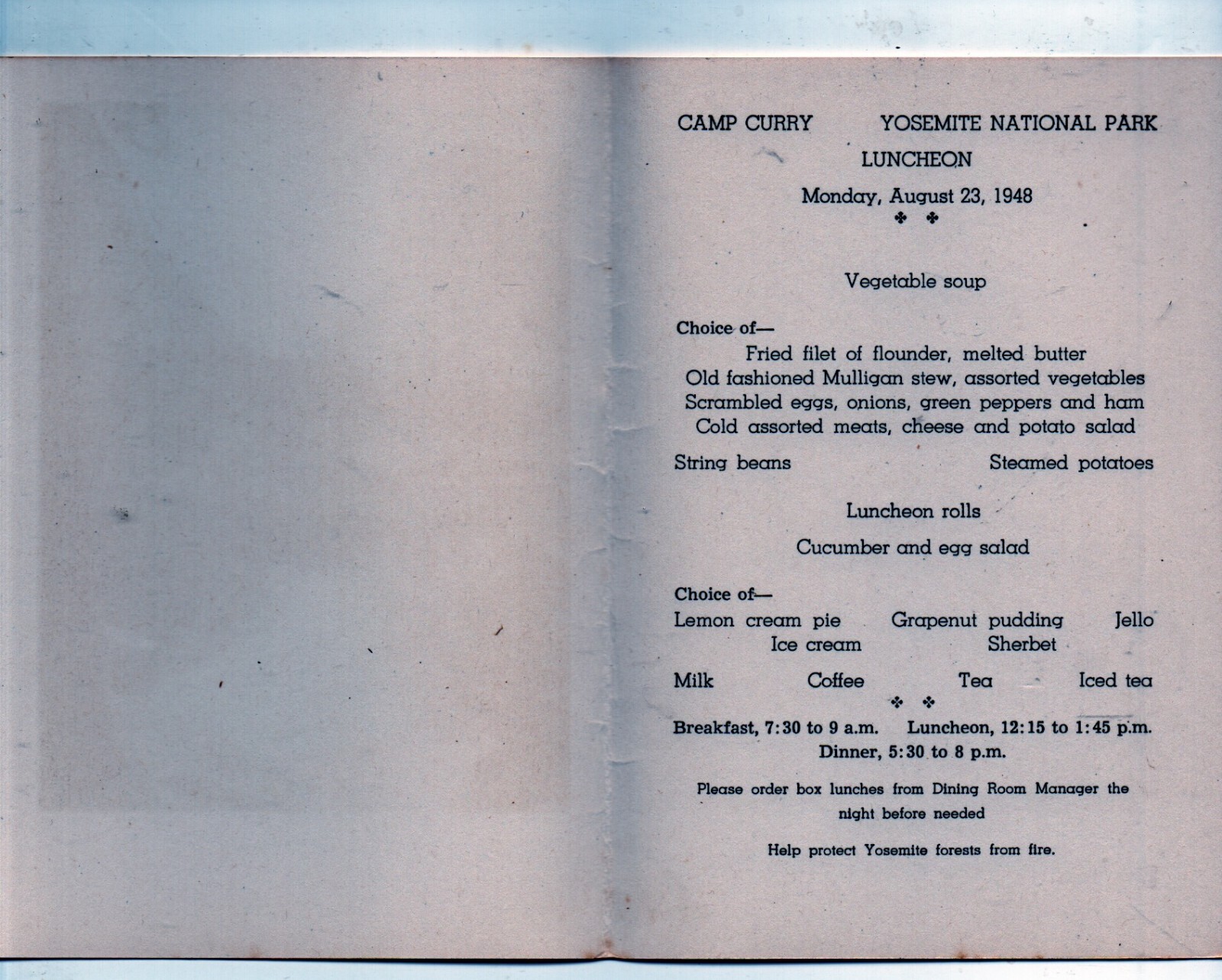 1948 Camp Curry Yosemite National Park Lunch Menu showing Mirror Lake