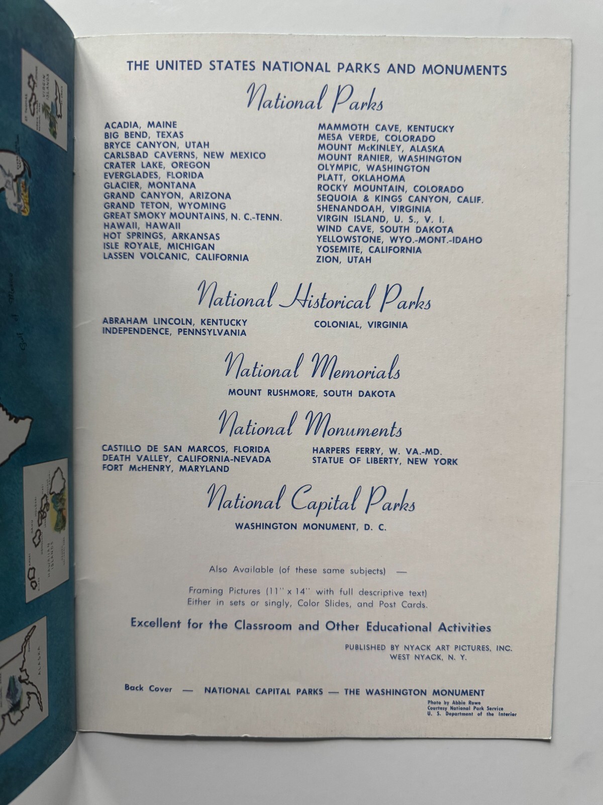 Vintage ca 1950s National Parks & Monuments Color Souvenir Travel Illust Booklet