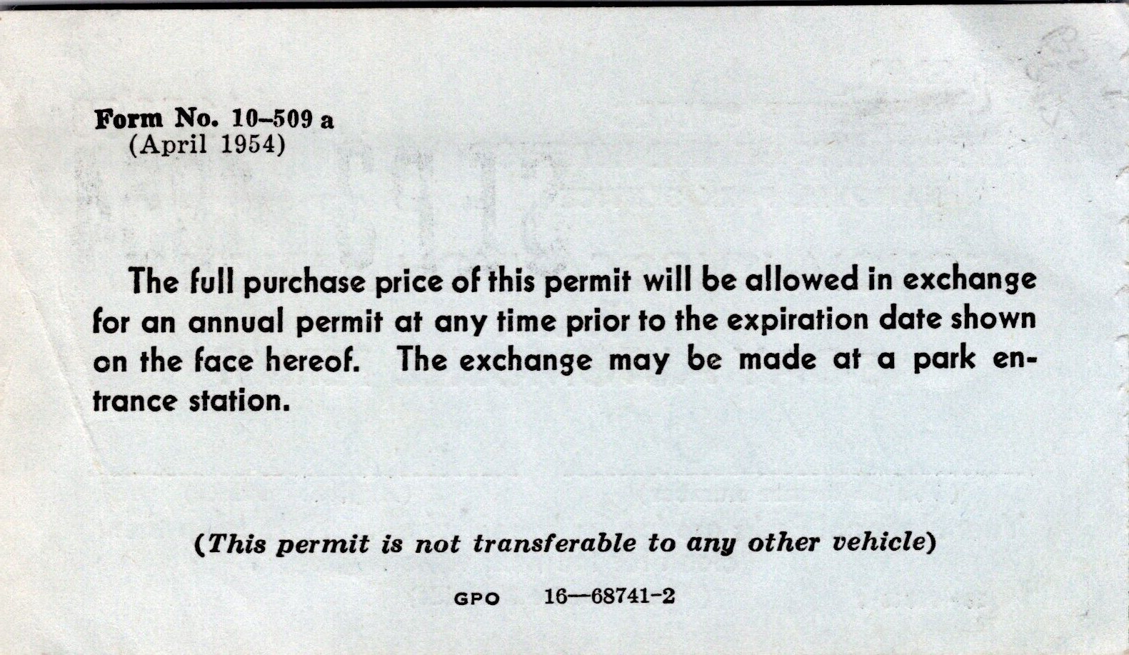 1954 Sequoia-Kings Canyon National Park Automobile Permit Ticket Stub #61