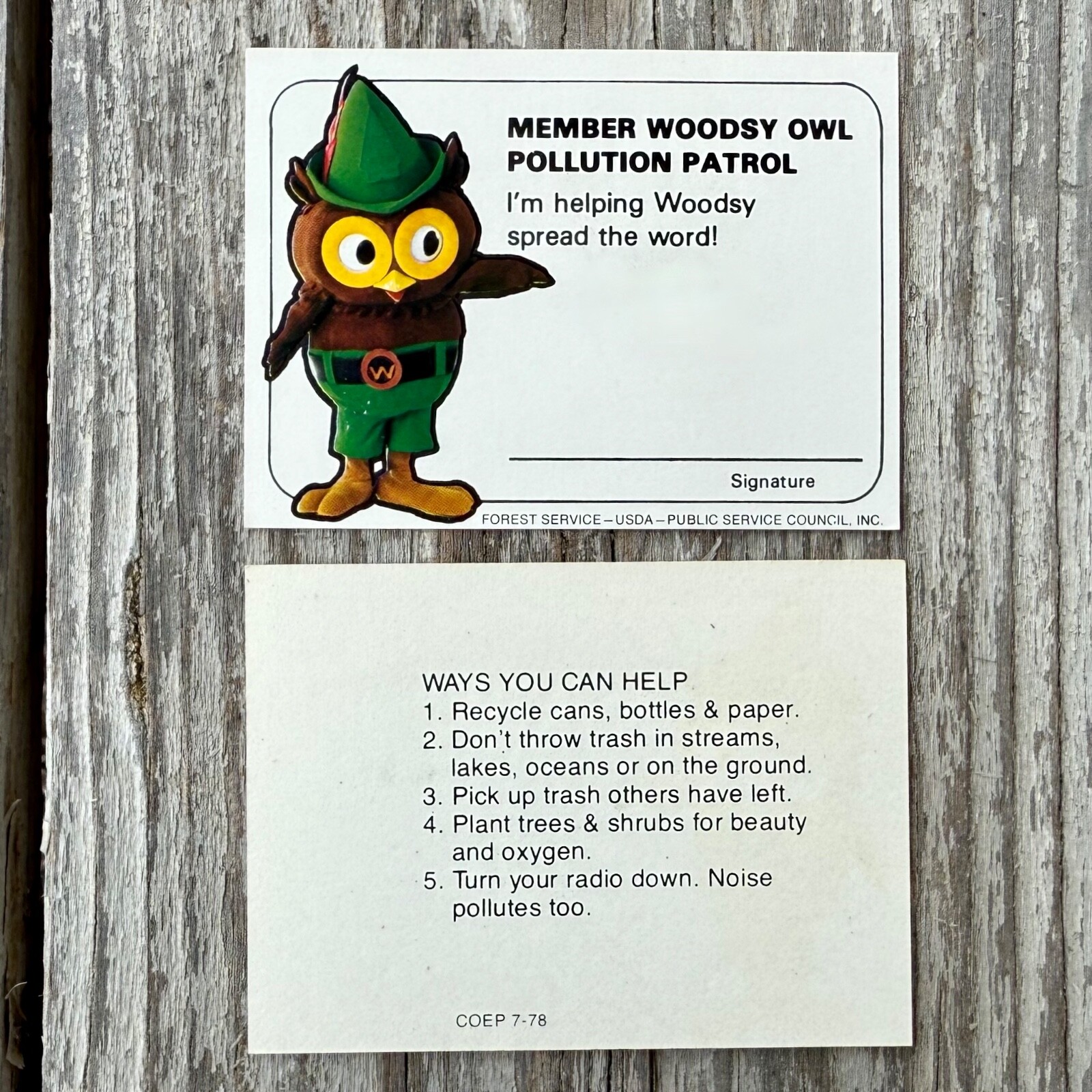 10 Original 1970s WOODSY OWL MEMBERSHIP CARD Pollution Control SPREAD WORD Lot