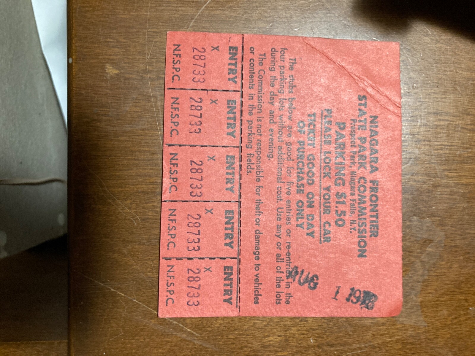 Vntg August 1, 1978 Niagara Frontier State Park Commission, Parking $1.50