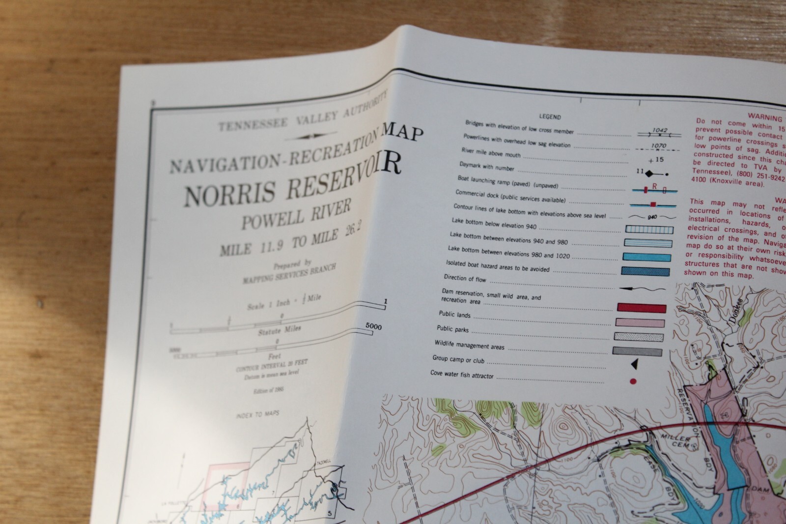 1985 Norris Lake Tennessee 21-1/2″ x 17″ Navigation Recreation Map TVA