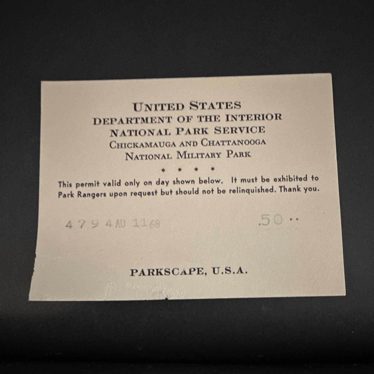 National Park Service Permit Chickamauga & Chattanooga NMP 1968