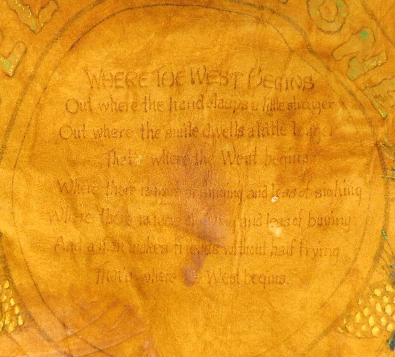 Vtg RARE Handcrafted Cowhide Yellowstone National Park Pillow Sham Poem Folk Art
