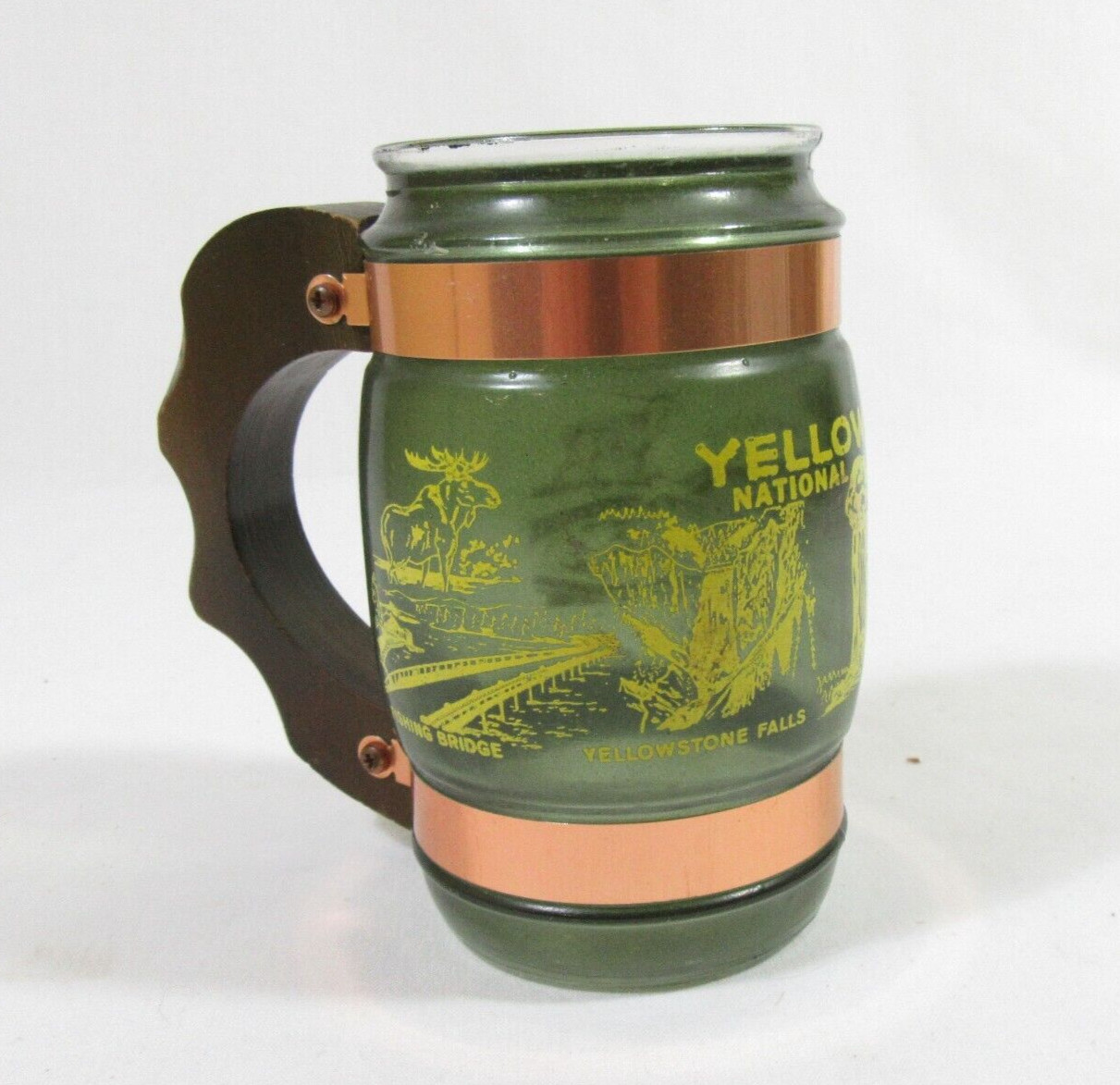 1970s Siesta Ware Souvenir Yellowstone National Park Rare Green Glass Mug w Wood