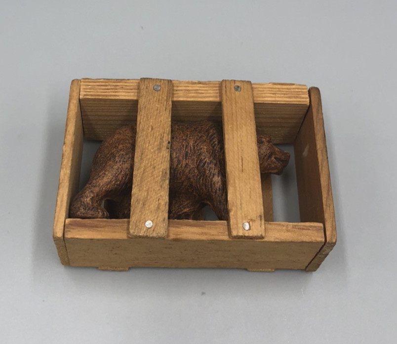Good Luck Bear in Wood Crate Souvenir Yellowstone Park w/ Thomas Jefferson Stamp
