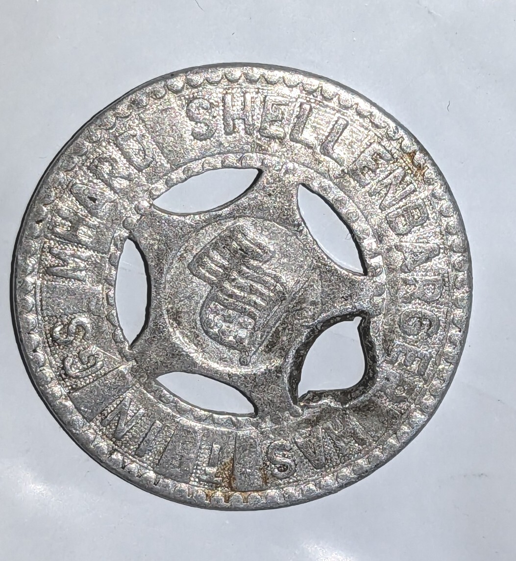 Good Luck Worlds Fair Metal Token Lucky 4 Leaf Clover Shellenbarger Silver Tone