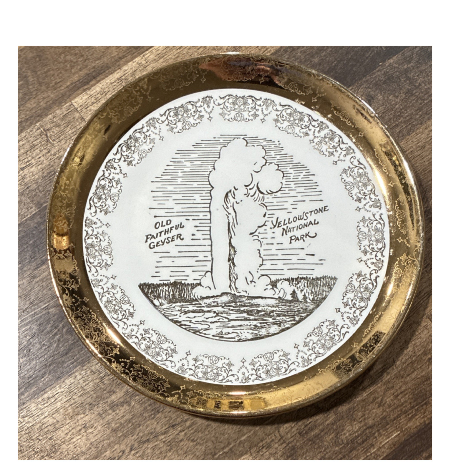 Old Faithful Geyser Yellowstone National Park Plate w/ Gold Trim