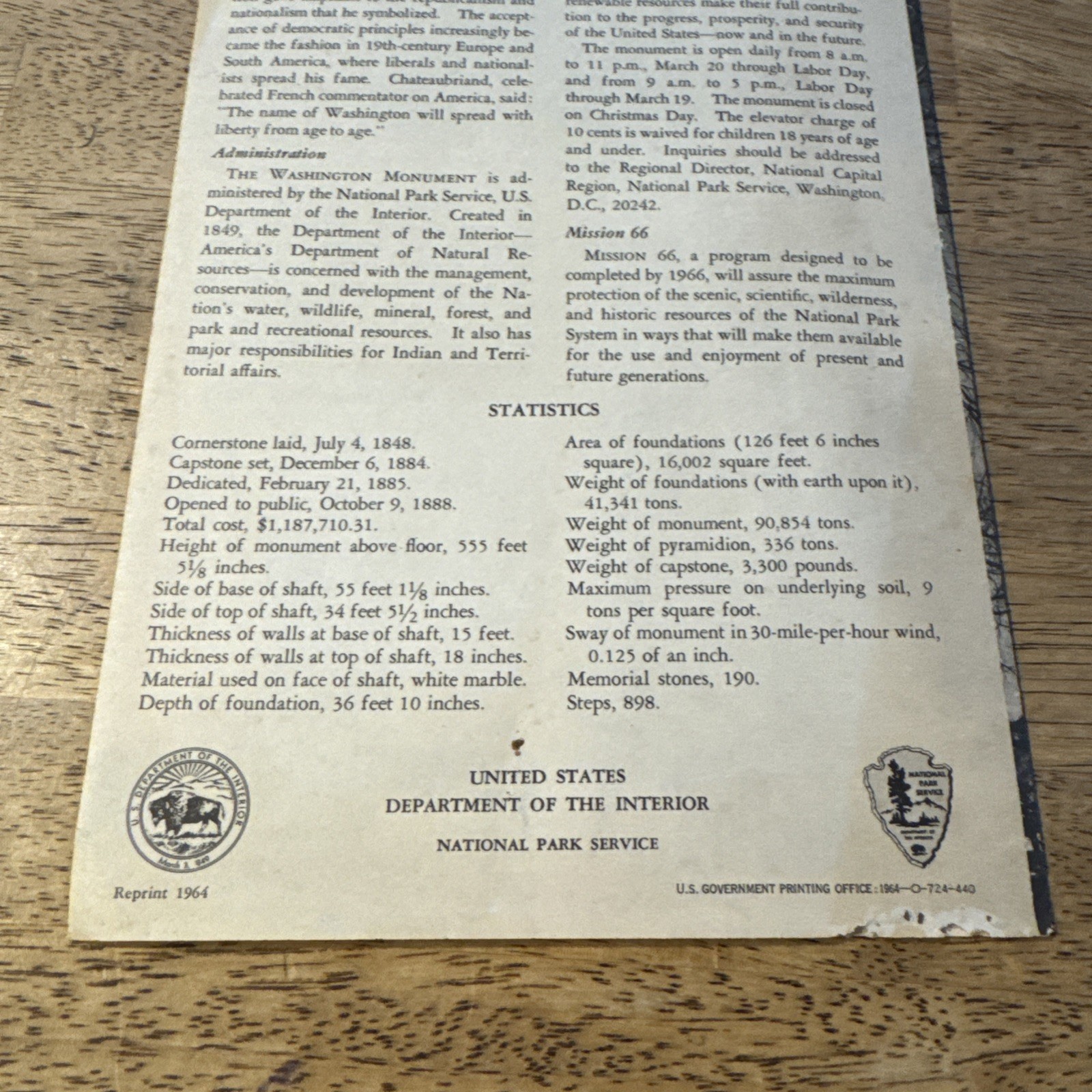 1964 Washington Monument Washington DC Travel Brochure National Park Vintage