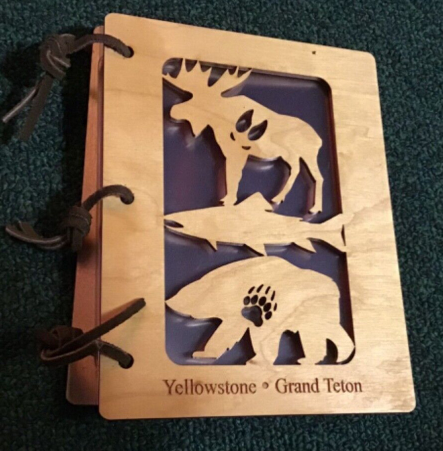 2008 Souvenir Laser Cut Wood 36 Photo Album Blank Yellowstone Park Grand Teton