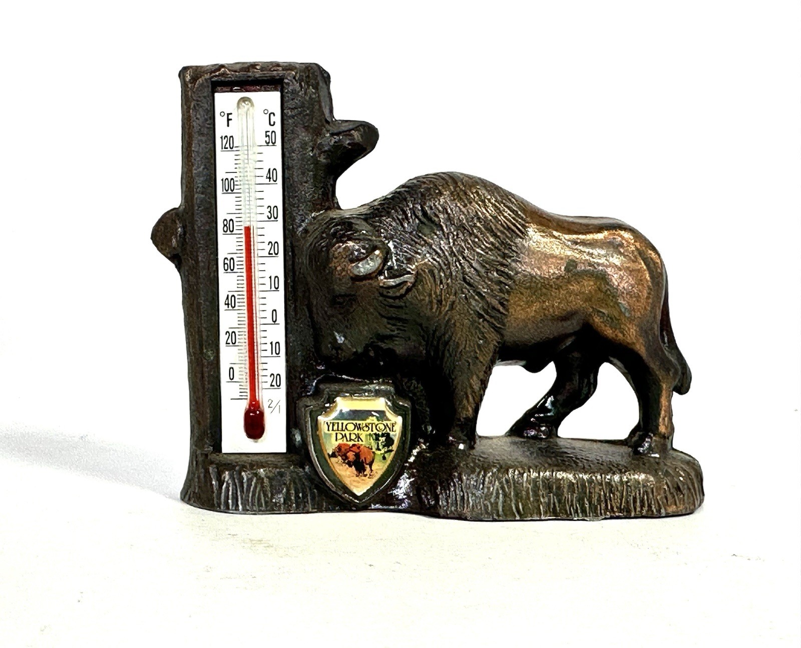 Vintage Yellowstone Park Brass Buffalo Thermometer Travel Souvenir Figurine
