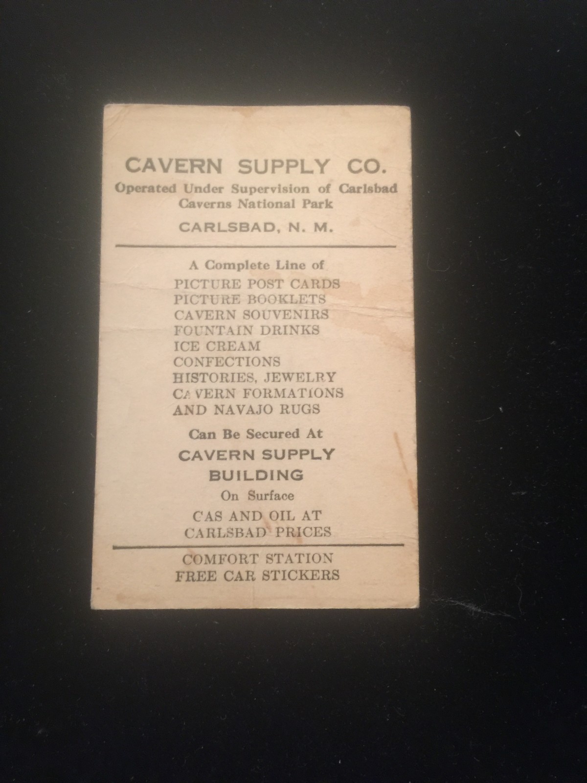 c.1930’s Cavern Supply Co. Carlsbad Caverns Carlsbad New Mexico Advertising Card