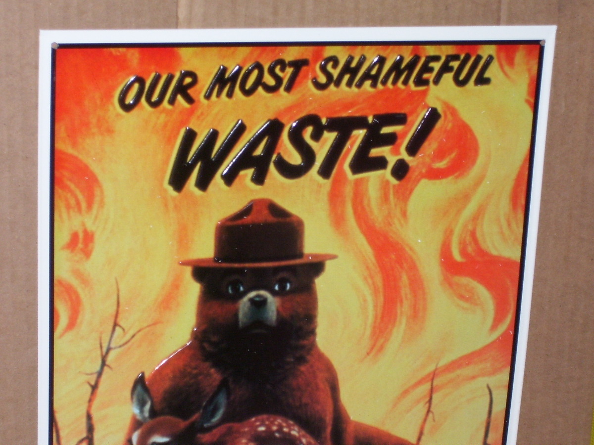 SMOKEY THE BEAR — Saving Deer From FOREST FIRE — Embossed Tin Metal Sign -NICE